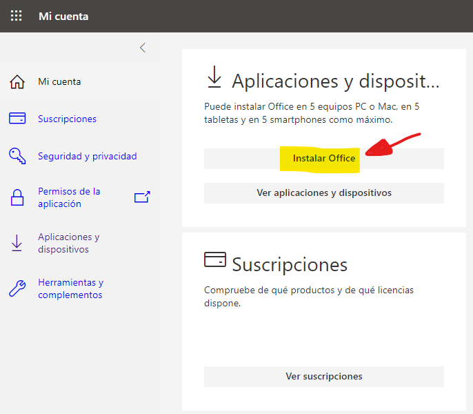 Botón Instalar Office dentro de portal.office.com/account